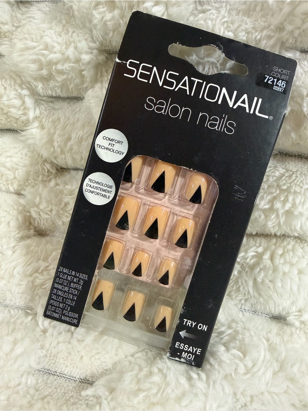Sensationail Salon Nails Peachy Nude with Black Triangle Tips